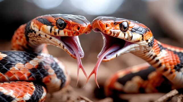 This striking image features two vibrant snakes with dynamic colors, showcasing their forked tongues as they engage in a captivating display of nature's beauty and complexity.