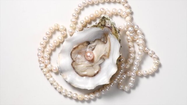 Pearl, Natural pearls inside the oyster shell, over gray background, close up, rotating necklace. Nacre. Mother-of-pearl. Slow motion, flat lay, top view 