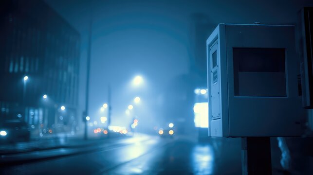 Speed camera capturing vehicles on a city road during a moody, misty night, with blurred streetlights and moving cars creating a serene blue atmosphere