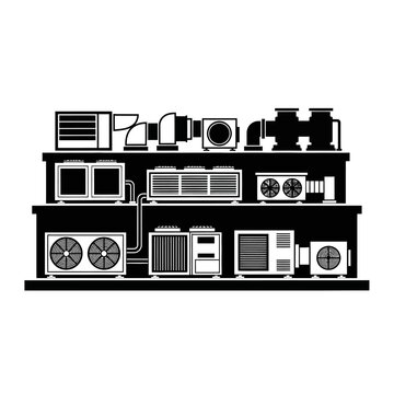 Air conditioning units and ventilation systems arranged on shelves for industrial use.
