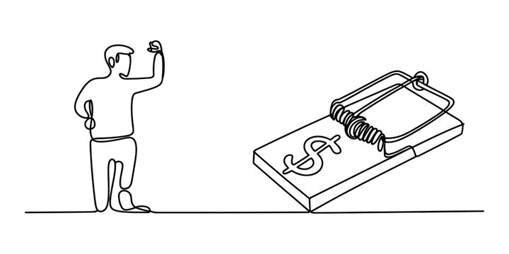 Man standing near a mousetrap with dollar sign bait, one line drawing Vector, illustration