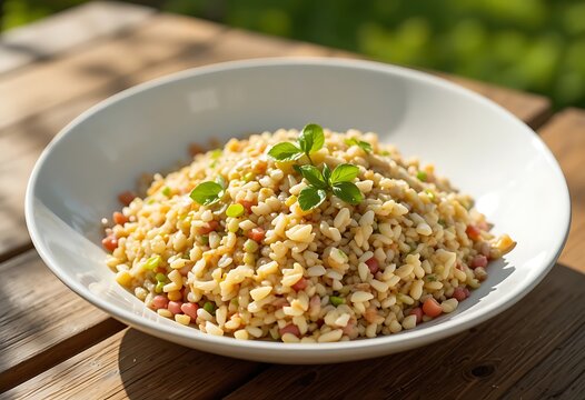 Fresh chicken fried rice with vegetables served in a bowl on a rustic outdoor wooden table. salade de riz