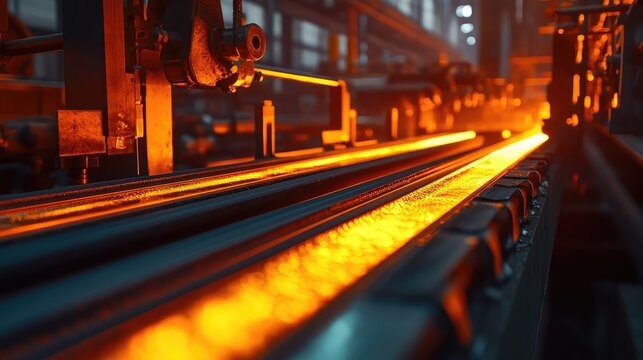 Red hot steel billets moving along a conveyor system in a production facility, illustrating industrial processes and heavy manufacturing within a modern foundry environment