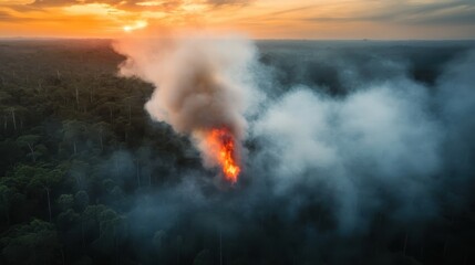 Fototapeta premium An impactful aerial view of a forest fire, highlighting the dramatic contrast between the flames and smoke rising amidst a lush green forest, evoking a sense of urgency.