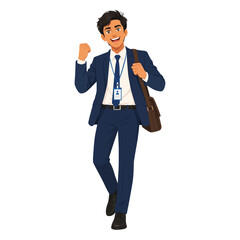 Obraz premium Smiling young Indian corporate employee in a dark blue suit and tie wearing an ID lanyard carrying a brown leather messenger bag walking forward and celebrating with a raised fist pump.