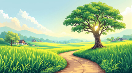 Naklejka premium Sunlit meadow road with shady tree and distant homes. Morning countryside hills with fresh grass and cottages. Peaceful rural view for nature wellness marketing