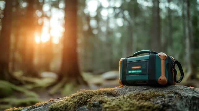 A modern Bluetooth speaker sits on a mossy rock, illuminated by soft sunlight filtering through trees, suggesting a fusion of technology and nature's tranquility.