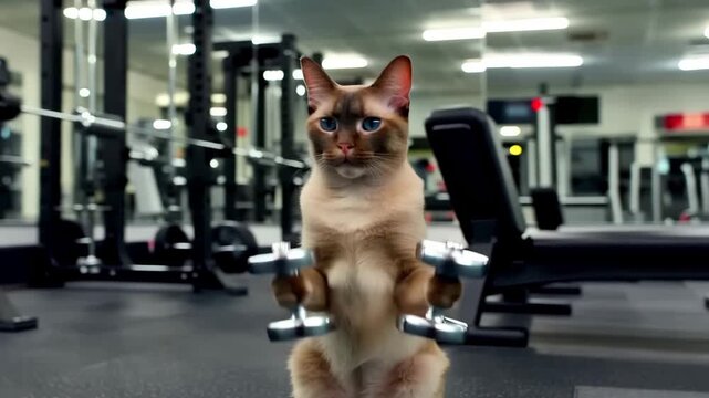 Siamese Cat Athlete Doing Bicep Curls with Dumbbells in Gym