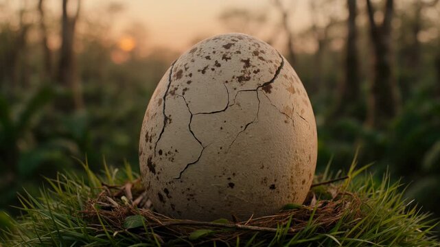 Close-up of a hatching dinosaur egg with cracks spreading on the speckled shell, nestled in grass and twigs against a warm prehistoric jungle dawn background, baby dinosaur emerging