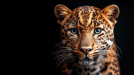 Fototapeta premium This striking close-up captures the essence of a leopard with its mesmerizing blue eyes and intricate fur patterns, evoking a sense of wonder and admiration for nature's beauty.