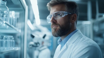 Fototapeta premium A thoughtful scientist gazes into the distance while working in a modern laboratory, embodying intellect and passion for discovery, illuminated by artificial laboratory lighting.