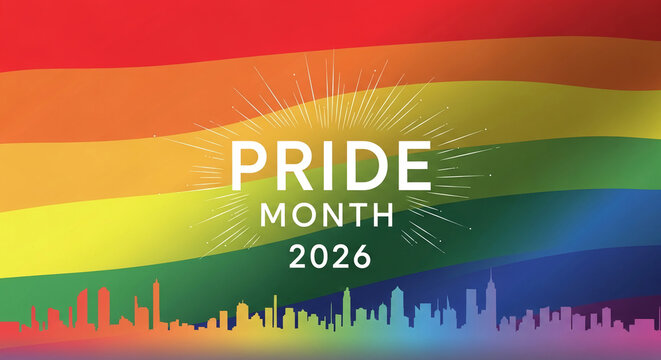 Rainbow flag with cityscape and "Pride Month 2026" text, symbolizing LGBTQ+ pride and celebration of diversity in urban settings
