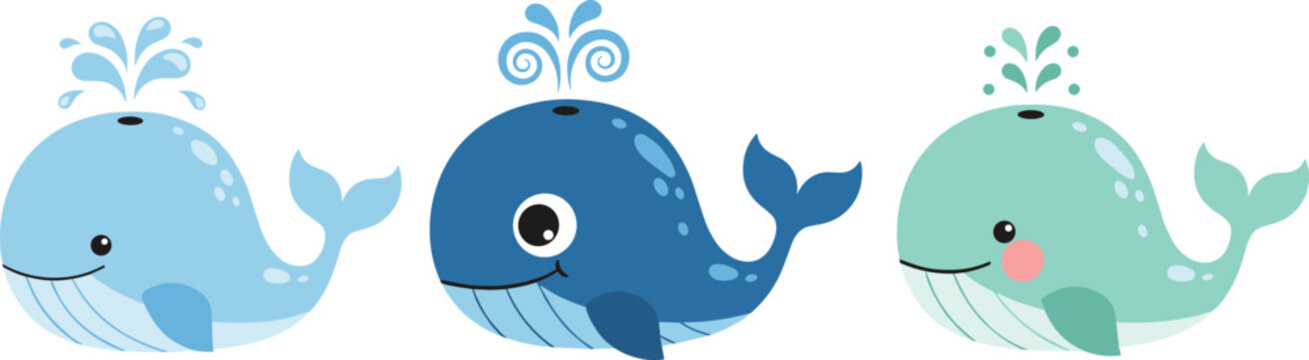 Cute Cartoon Whale Character Set with Different Water Spouts and Expressions for Kids' Illustrations, Stickers, and Digital Designs