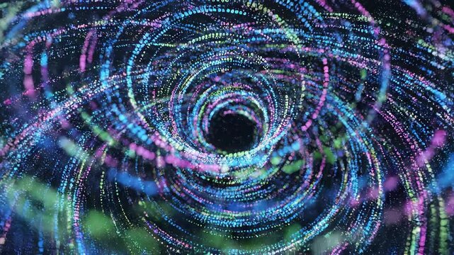 Abstract digital vortex of glowing particles, swirling colorful light rings in dark space, motion graphics