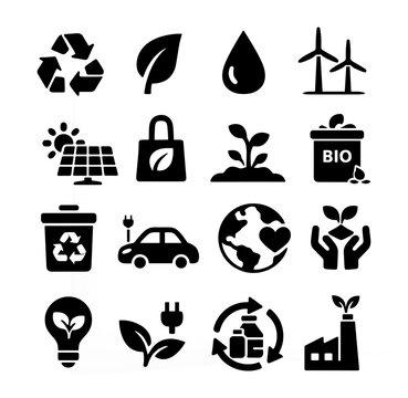 Eco Sustainability Icons Set Recycling Renewable Energy Green Technology and Environmental Symbols