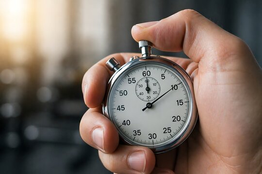 A close-up shot of a person's hand holding a vintage stopwatch, ready to start timing.