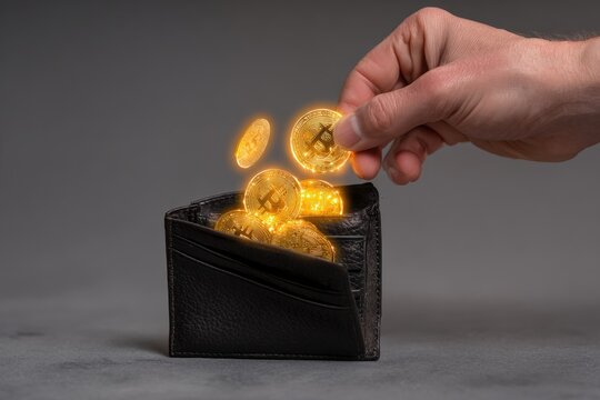 Hand adding glowing Bitcoin coins to a black leather wallet.