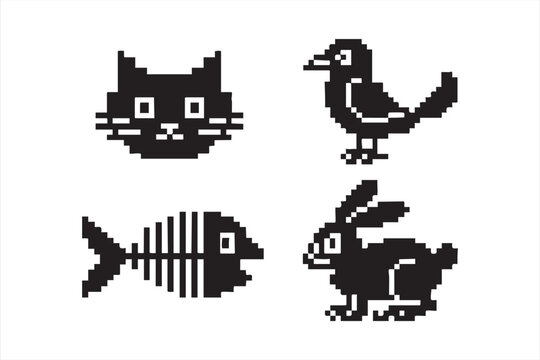 Pixel animal icons with cat bird fish and rabbit in retro style