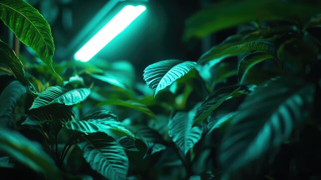 Lush green leaves of various plants flourishing under the artificial illumination of a bright grow light, creating an environment optimized for vigorous indoor cultivation and botanical development