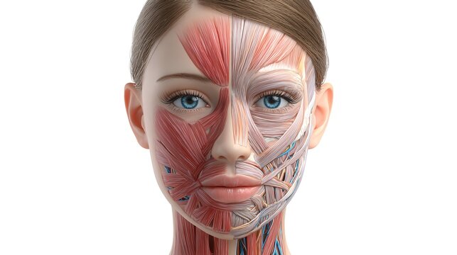 Female facial anatomy model showing superficial muscles and structure, medical and cosmetic surgery concept