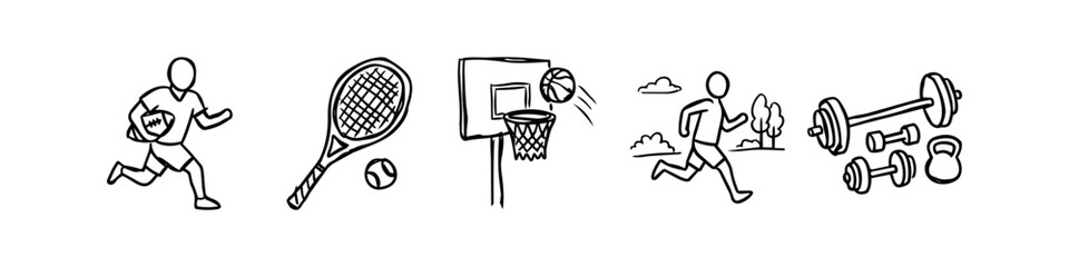 Hand-drawn doodle icons of various sports and fitness activities, featuring a football player, tennis racket, basketball hoop, runner, and gym equipment on a white background. © Nort Kor
