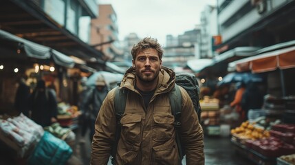 Fototapeta premium This engaging image portrays a rugged man strolling through a vibrant and bustling market, showcasing the vibrancy of urban life and the spirit of exploration in diverse cultures.