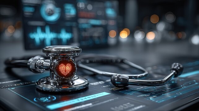 Stethoscope with Holographic Heart on Digital Medical Dashboard, Futuristic Cardiovascular Health Monitoring and Telemedicine Diagnostic System