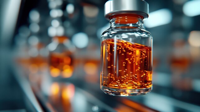A close-up of an amber glass vial filled with a sparkling orange liquid, highlighting its bubbles and captivating reflections of light in a pharmaceutical setting.
