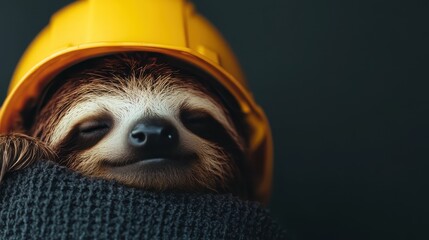 Fototapeta premium This adorable sloth wearing a yellow hard hat encapsulates a mix of cuteness and humor, reminding us to take things slowly in life while still being prepared.