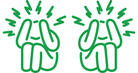 Naklejka premium Stress and Mental Health Awareness Icon, Green Outline Figure with Headache and Anxiety Symptoms, Psychological Pressure Symbol Isolated on White Vector