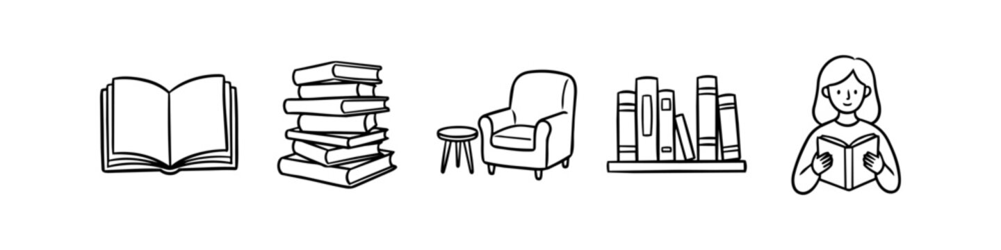 Set of hand-drawn minimalist reading icons featuring an open book, stack of books, armchair, bookshelf, and a person reading. Black and white doodle line art style.