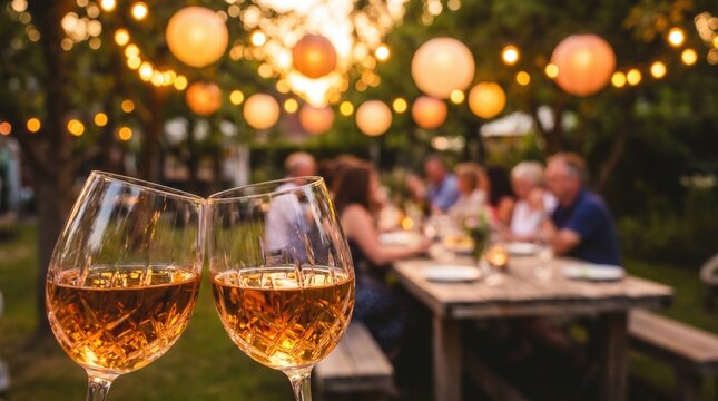 Two crystal wine glasses in focus at an outdoor garden party dinner. Summer celebration and social gathering with friends dining under string lights.