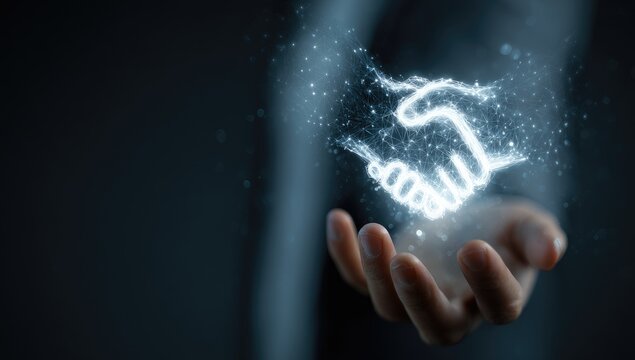Digital Handshake Symbol Emerging from Open Hand in Futuristic Glow.