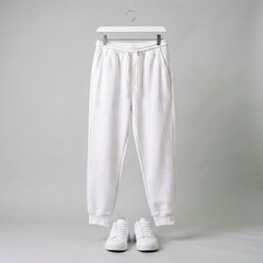 Fototapeta premium White Drawstring Joggers and Sneakers Displayed on Hanger