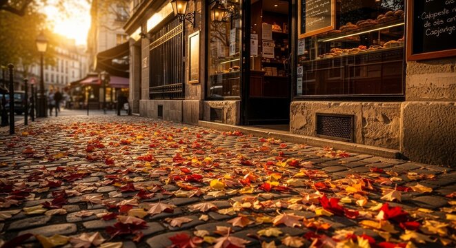 Autumn Leaves Cover Cobblestone Sidewalk Outside Shop