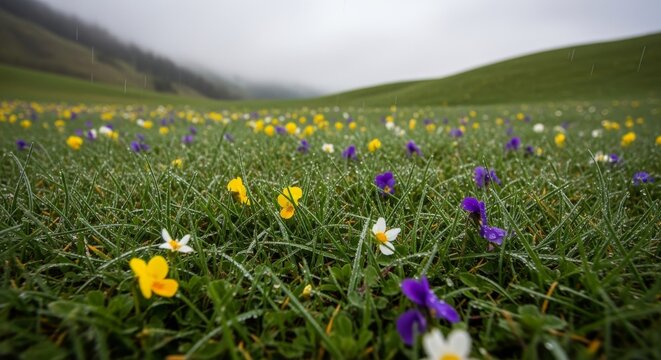 Dew kissed wildflowers carpeting a green meadow under misty hills