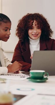 Creative, online and women with laptop in business, public relations and planning for media campaign. PR manager, teamwork or people with documents for brand awareness, happy and performance review