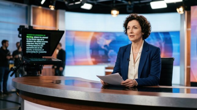 Professional female news anchor delivering live broadcast from a modern television studio with a global news backdrop and teleprompter displaying text.