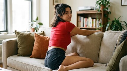 Obraz premium Young woman relaxing on a cozy sofa at home, casually turning to look back at the camera.
