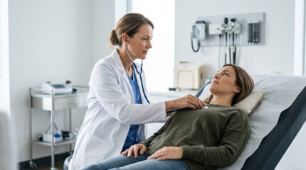 Obraz premium Mid adult female doctor examining patient's chest with stethoscope at medical clinic during a routine check-up.