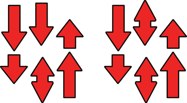 Bold Red Arrow Icon Set with Up and Down Directions in Flat Style Vector Illustration for Navigation, Indicators, UI Elements, and Directional Design