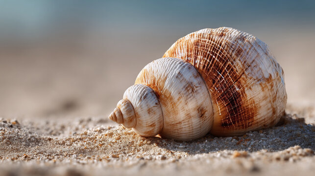 Seashell on sand macro detail with seashell gastropod collectible decoration