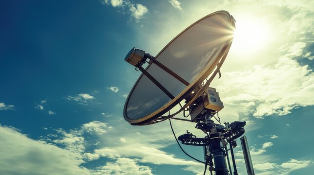 Satellite dish with sturdy mount against a blue sky