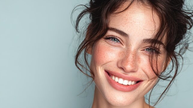 Close up portrait of smiling young woman with beautiful freckles and natural glowing skin, pastel aesthetic