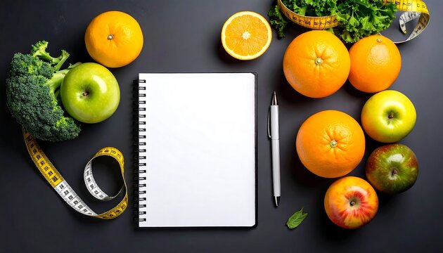 Overhead shot of various fruits (oranges, apples), broccoli, measuring tape, pen, and blank notebook. Healthy eating concept