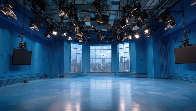 Empty Television Studio with Blue Walls and Large Windows.