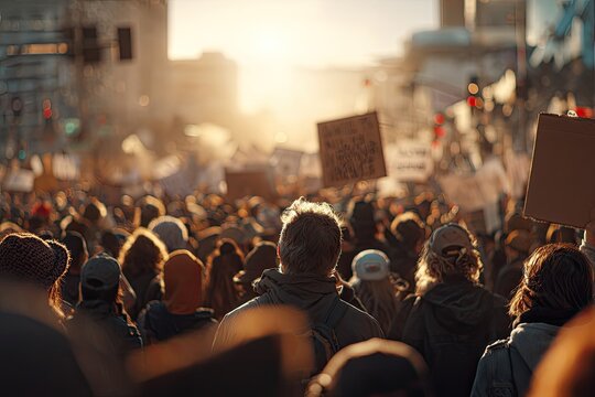 Crowd of people protesting with signs at sunset.