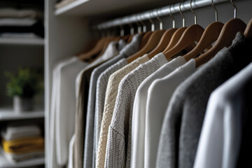 Obraz premium An organized closet showcasing various hanging sweaters, creating a visually pleasing display of texture and color in a contemporary home environment.
