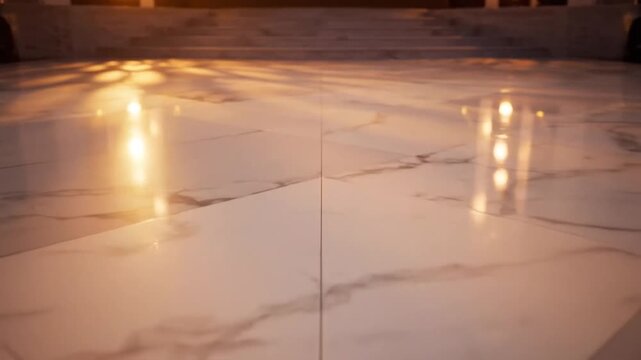 A close-up view of a luxurious marble floor reflecting warm lights indoors.