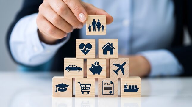 Conceptual hand placing family icon block on asset pyramid to illustrate holistic risk mitigation and wealth security in a corporate environment.
